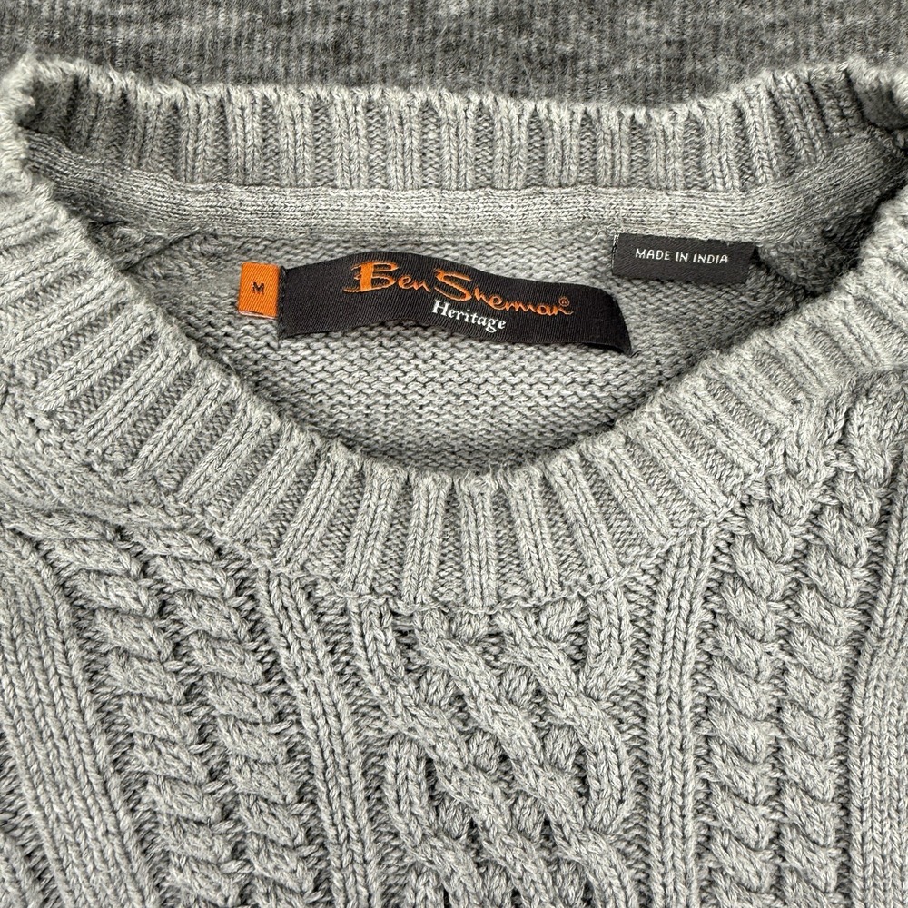 Ben Sherman Heritage Mens Gray Cable Knit Crew Neck Cotton Sweater Size Medium - Picture 2 of 9